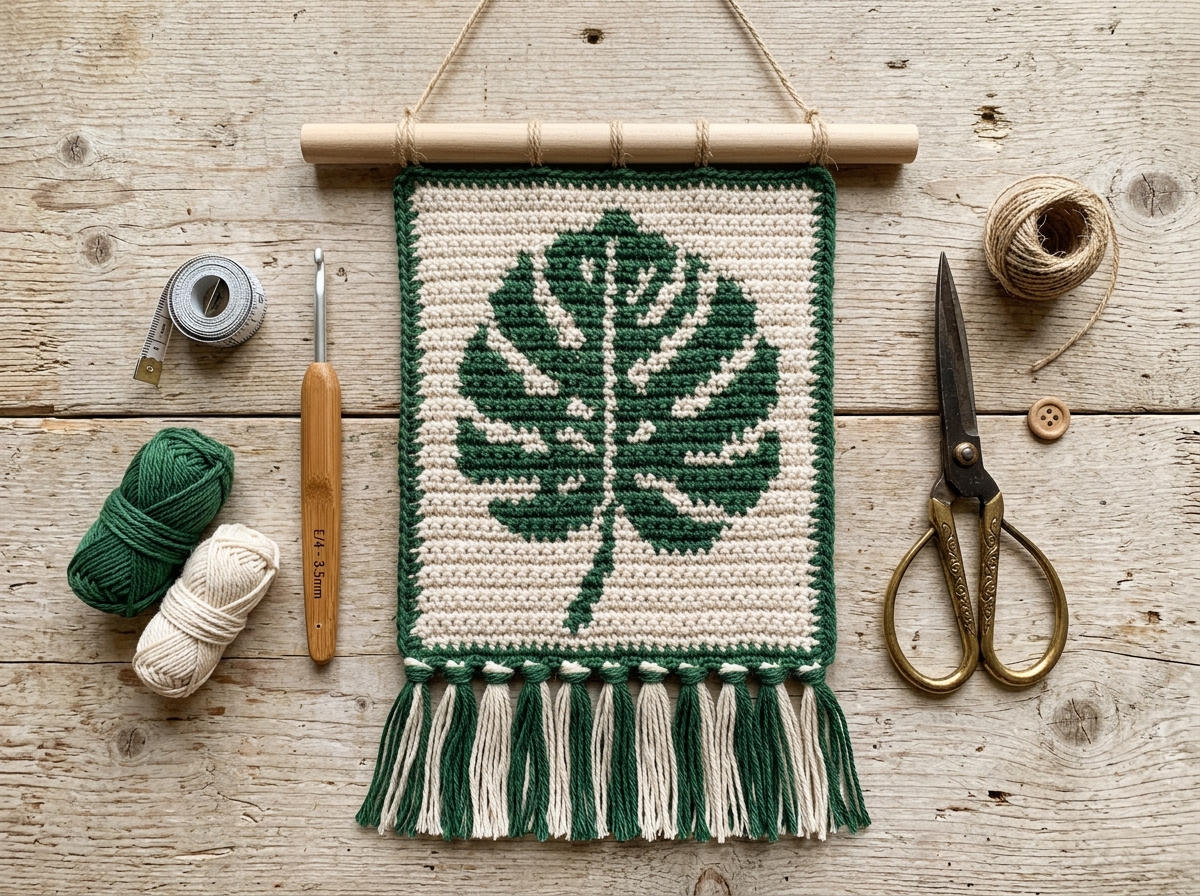 Crochet Flat Lay with Materials and Monstera Tapestry