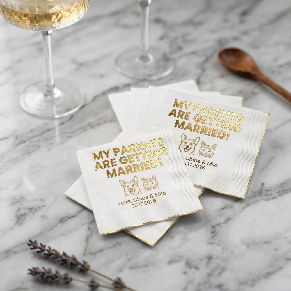 Custom Wedding Cocktail Napkins | Personalized Foil-Stamped Napkins for Monogram, Date & Pet Illustration