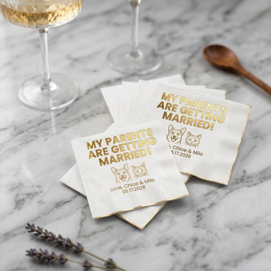 Custom Wedding Cocktail Napkins | Personalized Foil-Stamped Napkins for Monogram, Date & Pet Illustration